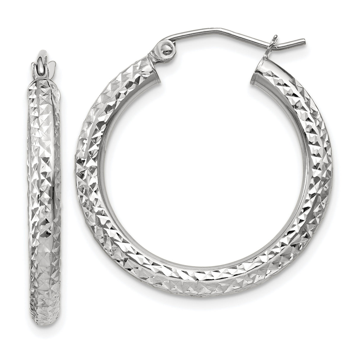 14k White Gold Hoop Earrings with Diamond Cut Design, Textured Lightweight Style for Women