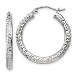 14k White Gold Hoop Earrings with Diamond Cut Design, Textured Lightweight Style for Women