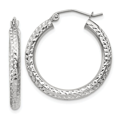 14k White Gold Hoop Earrings with Diamond Cut Design, Textured Lightweight Style for Women