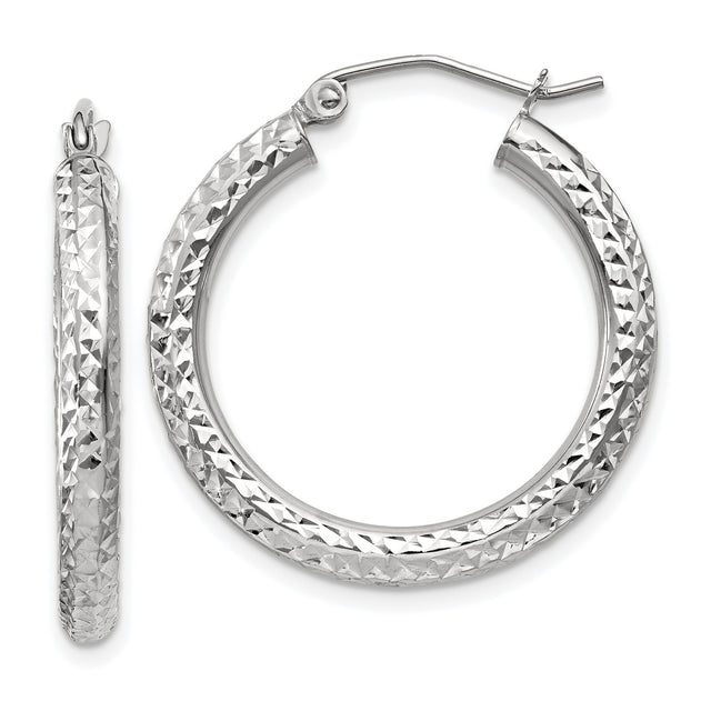14k White Gold Hoop Earrings with Diamond Cut Design, Textured Lightweight Style for Women