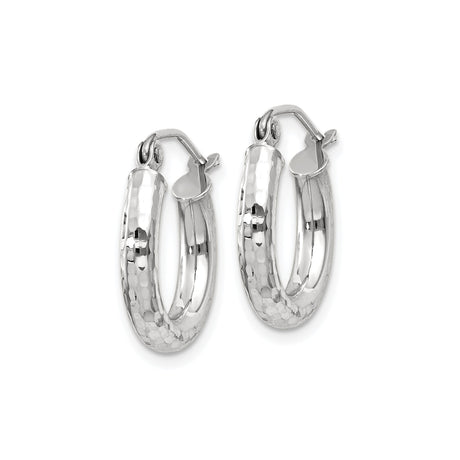 14k White Gold Hoop Earrings, Hammered Finish, Textured Minimalist Design, Latch Back Closure