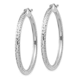 14k White Gold Hoop Earrings, Diamond Cut Textured Design, Polished Lightweight Style for Women