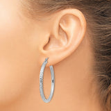 14k White Gold Hoop Earrings, Diamond Cut Textured Design, Polished Lightweight Style for Women