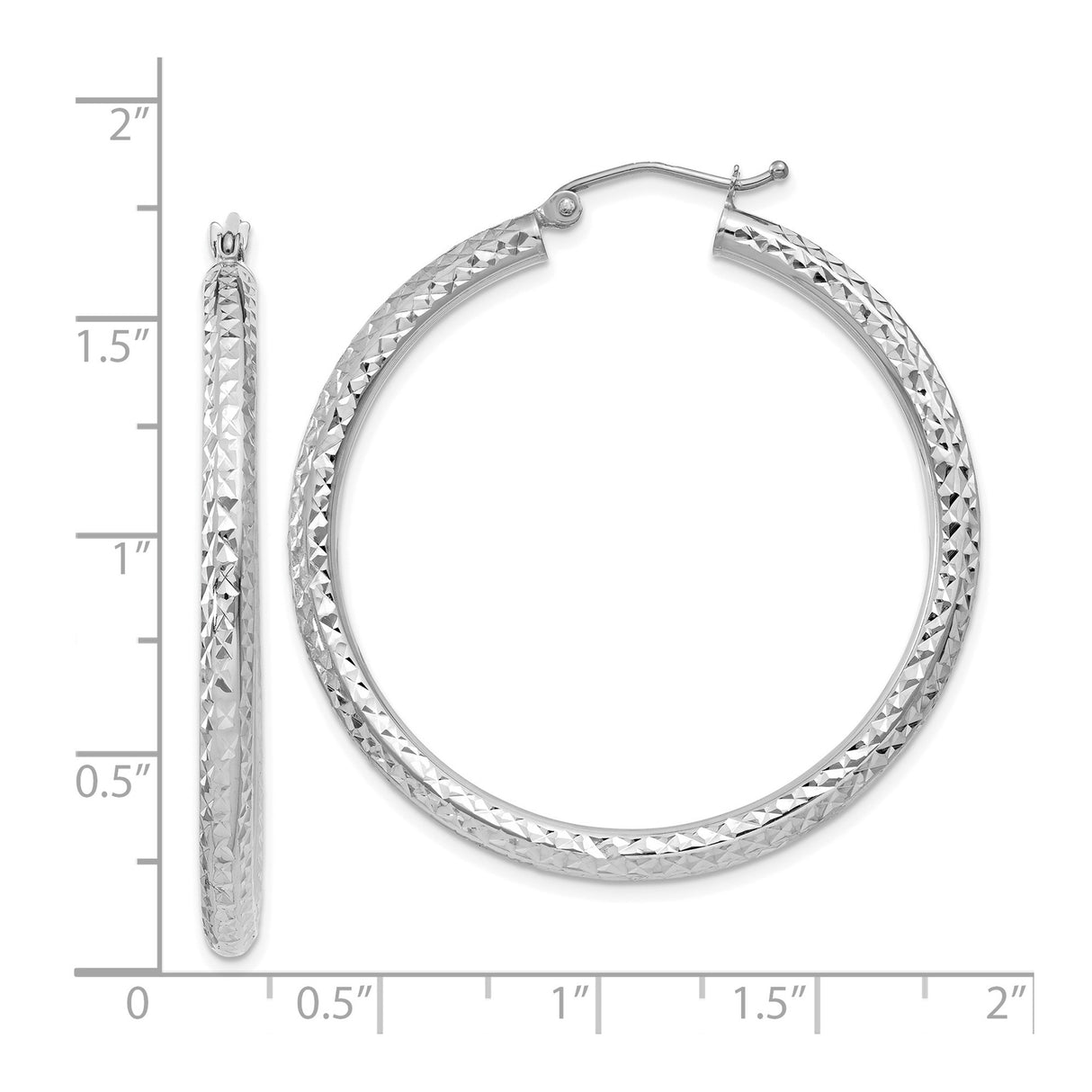 14k White Gold Hoop Earrings, Diamond Cut Textured Design, Polished Lightweight Style for Women