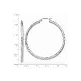 14k White Gold Hoop Earrings, Diamond Cut Textured Polished Finish, Round Minimalist Style for Women