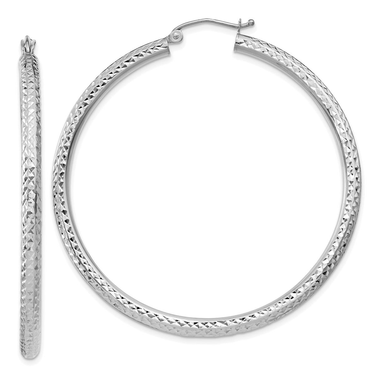 14k White Gold Hoop Earrings, Diamond Cut Textured Polished Finish, Round Minimalist Style for Women