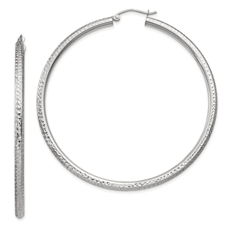 14k White Gold Hoop Earrings, Diamond-Cut Textured, Classic Circular Lightweight Design for Women