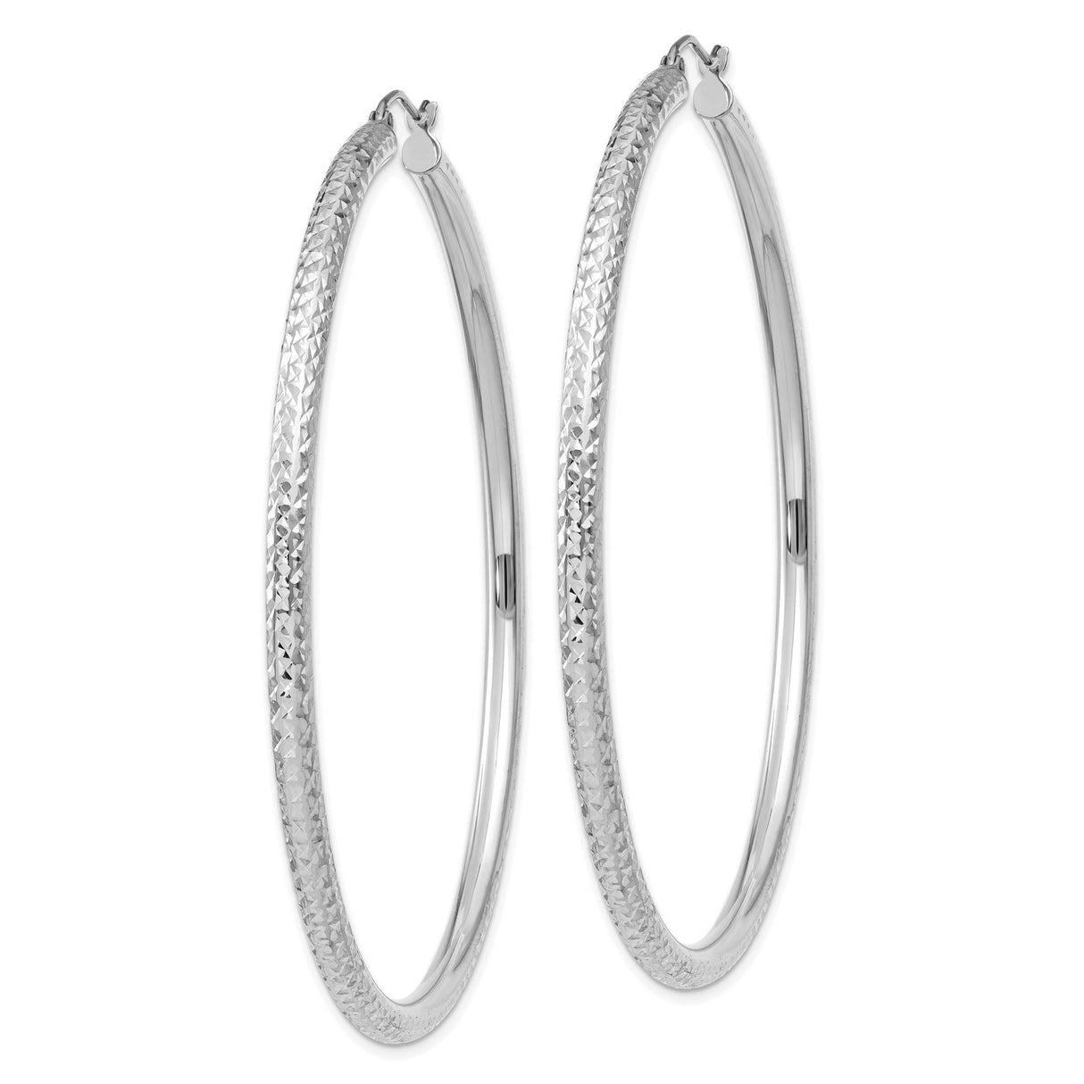 14k White Gold Hoop Earrings, Large Textured Diamond-Cut Design, Lightweight Round Style for Women