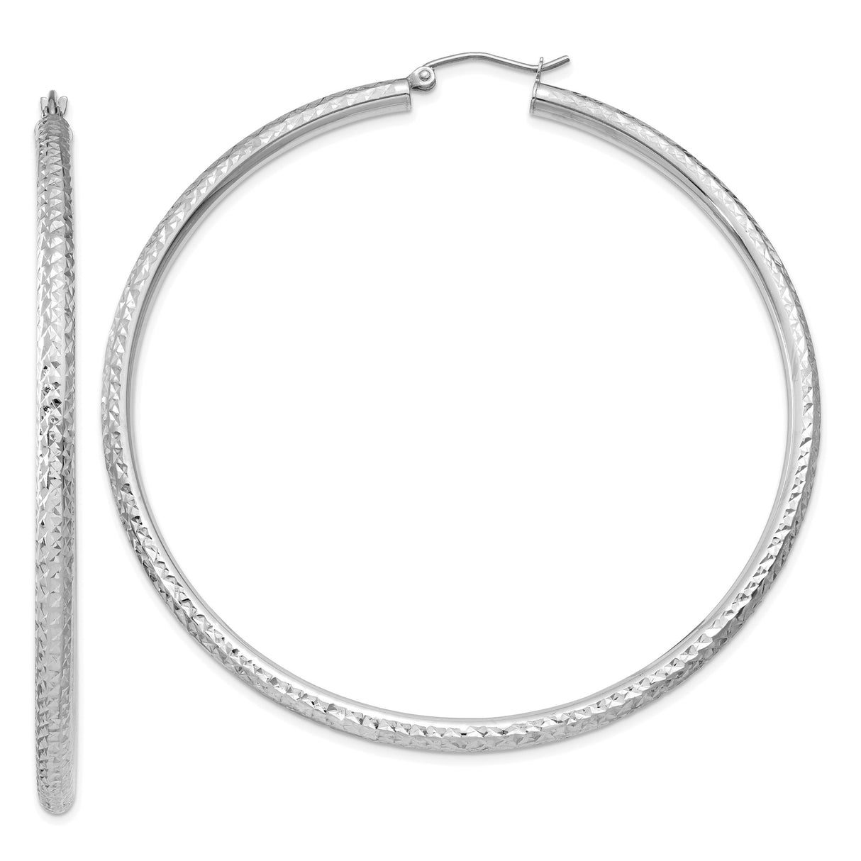 14k White Gold Hoop Earrings, Large Textured Diamond-Cut Design, Lightweight Round Style for Women