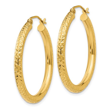 14k Yellow Gold Hoop Earrings, Diamond Cut Textured Design, Polished Finish, Lightweight