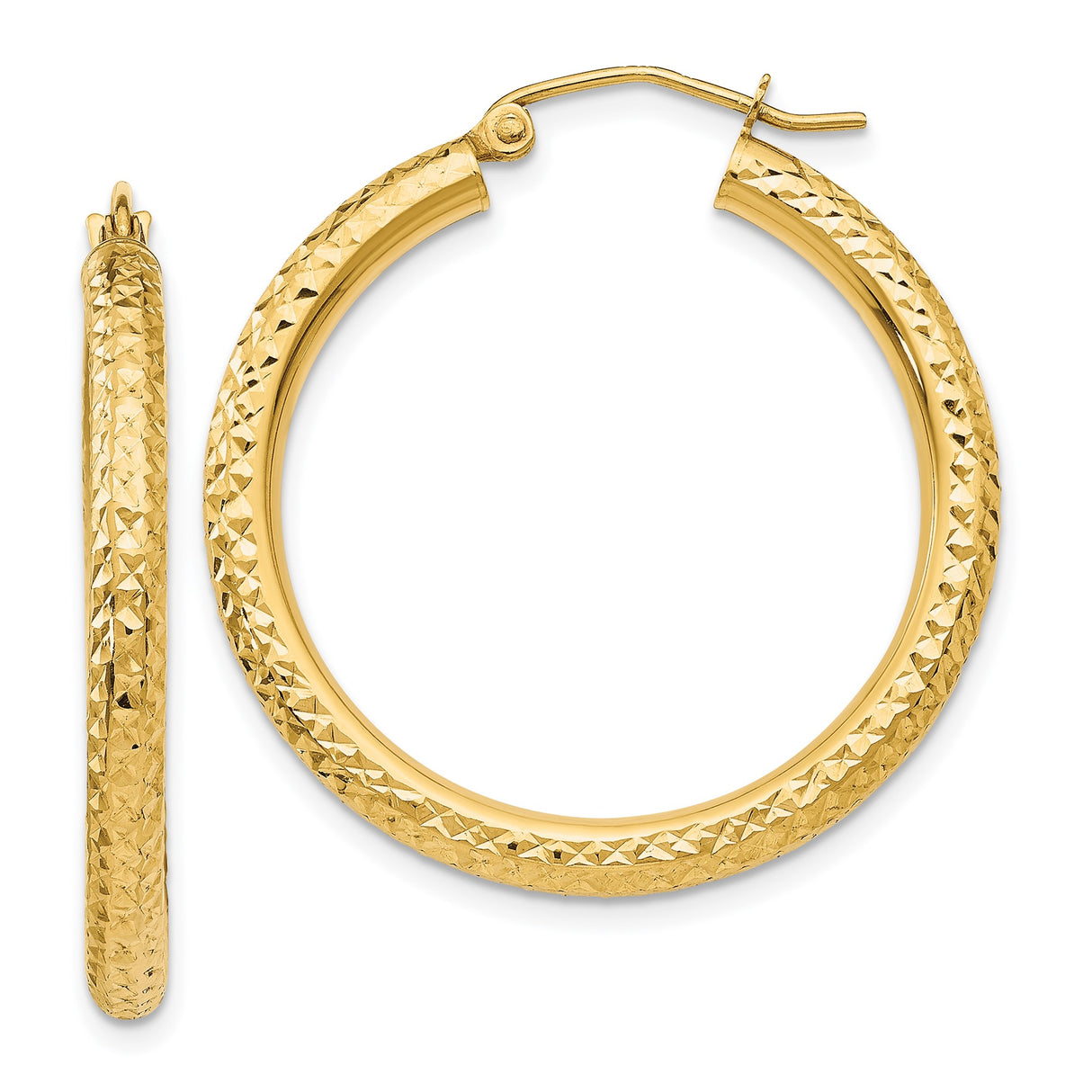 14k Yellow Gold Hoop Earrings, Diamond Cut Textured Design, Polished Finish, Lightweight