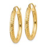 14k Yellow Gold Hoop Earrings, Textured Diamond-Cut Round Design, Lightweight High Polish Finish