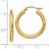 14k Yellow Gold Hoop Earrings, Textured Diamond-Cut Round Design, Lightweight High Polish Finish