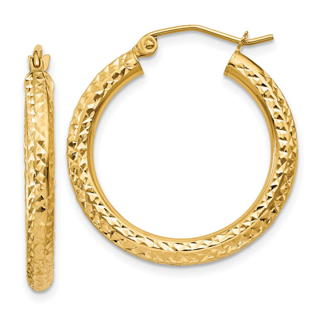 14k Yellow Gold Hoop Earrings, Textured Diamond-Cut Round Design, Lightweight High Polish Finish