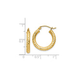 14k Yellow Gold Hoop Earrings, Diamond-Cut Textured Round Design, Medium Size for Women