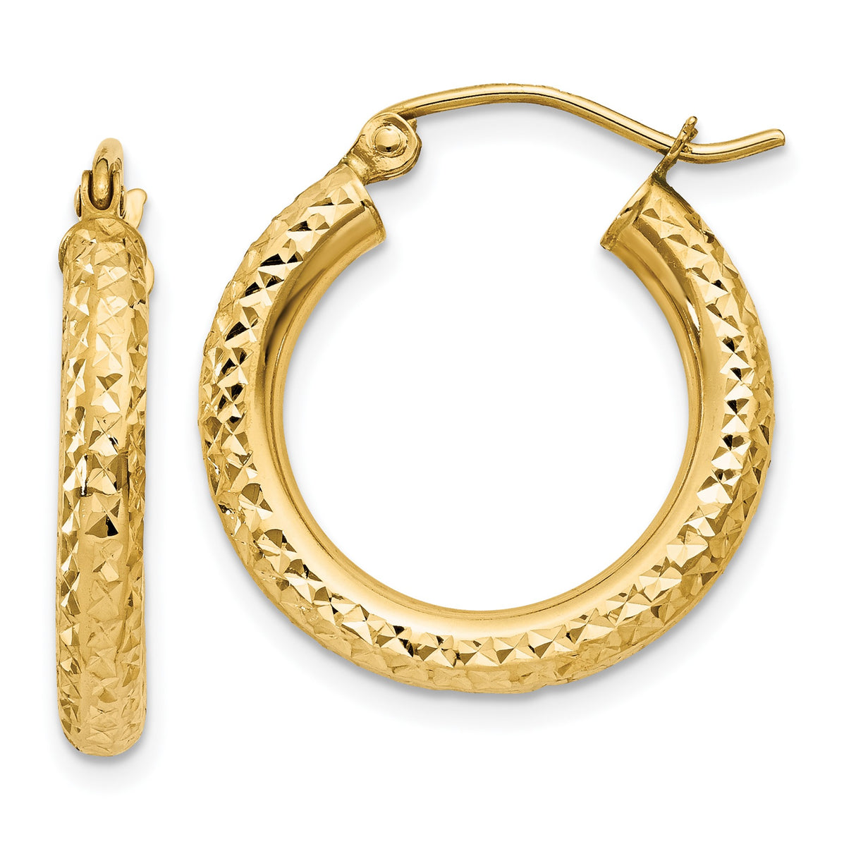 14k Yellow Gold Hoop Earrings, Diamond-Cut Textured Round Design, Medium Size for Women