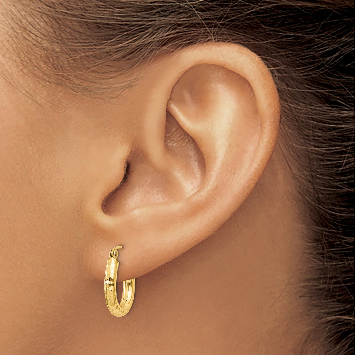14k Yellow Gold Hoop Earrings with Hammered Finish, Lightweight Classic Design