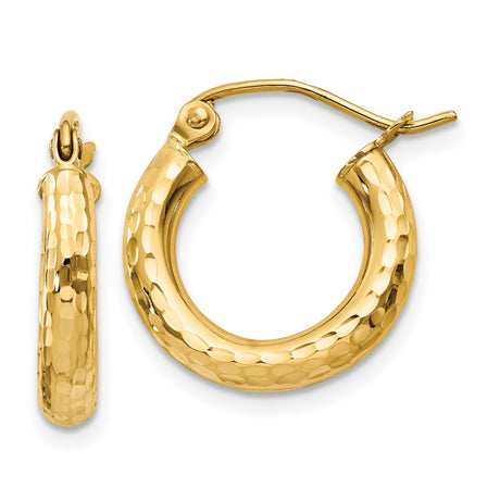 14k Yellow Gold Hoop Earrings with Hammered Finish, Lightweight Classic Design