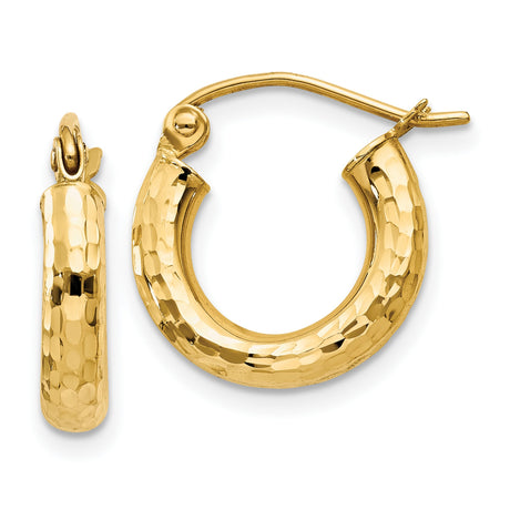 14k Yellow Gold Hoop Earrings, Medium Size with Hammered Textured Finish, Lightweight Everyday Jewelry