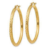 14k Yellow Gold Hoop Earrings, Textured Diamond Cut Design, Polished Finish, Lightweight Medium to Large Size