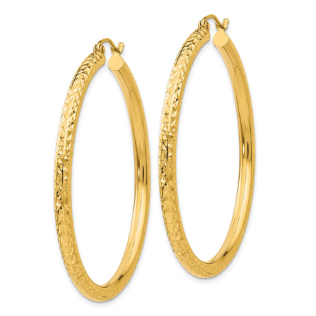 14k Yellow Gold Hoop Earrings, Diamond Cut Textured Design, Classic Round Style for Women