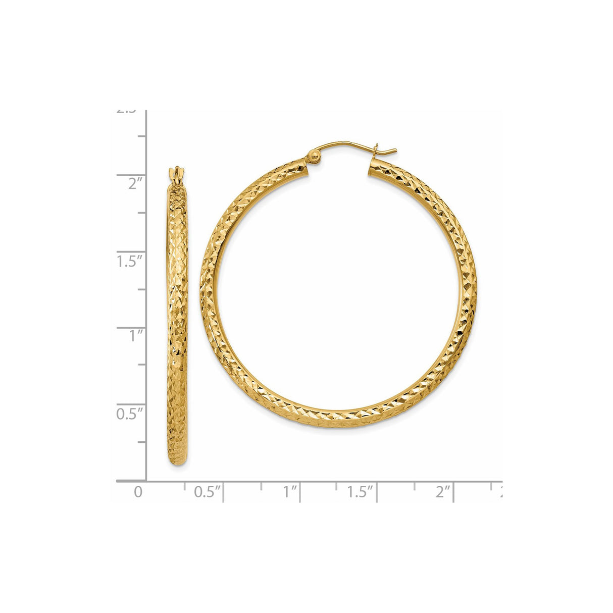 14k Yellow Gold Hoop Earrings, Diamond Cut Textured Design, Classic Round Style for Women