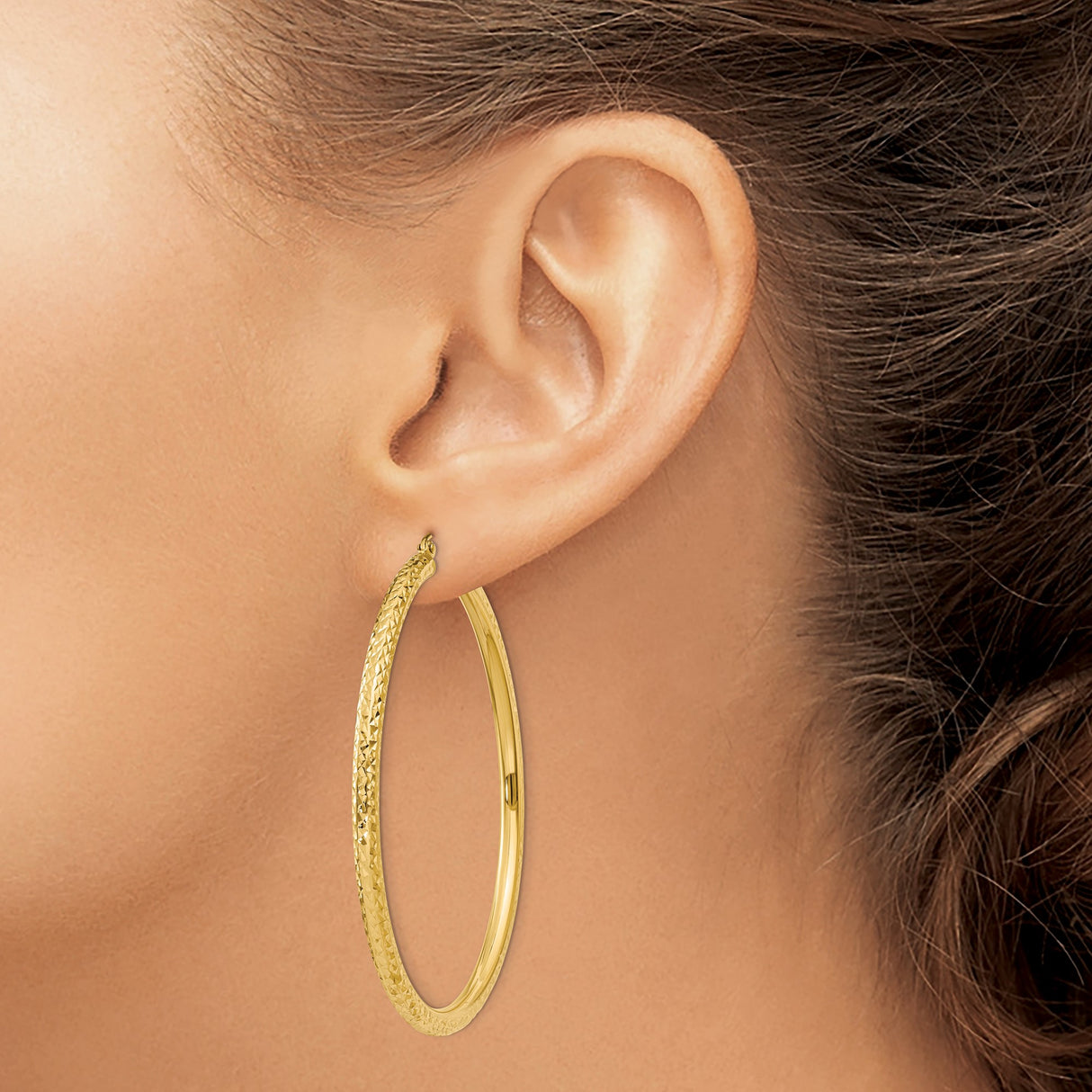 14k Yellow Gold Hoop Earrings, Diamond Cut Textured Large Hoops for Women