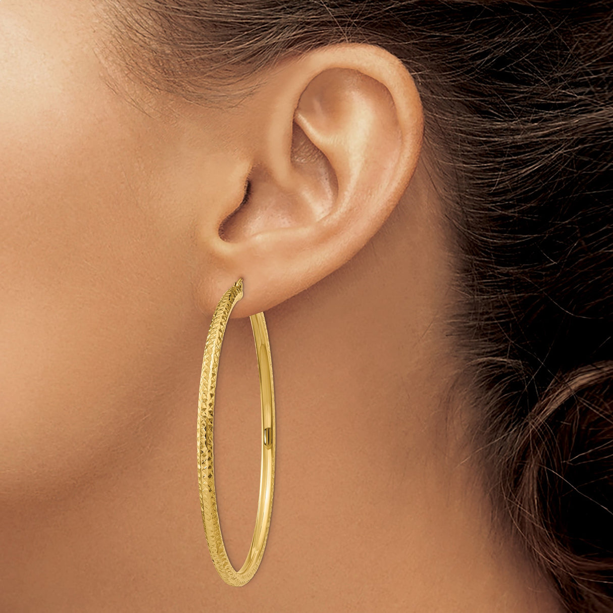 14k Yellow Gold Hoop Earrings, Diamond-Cut Textured Design with High Polish Finish