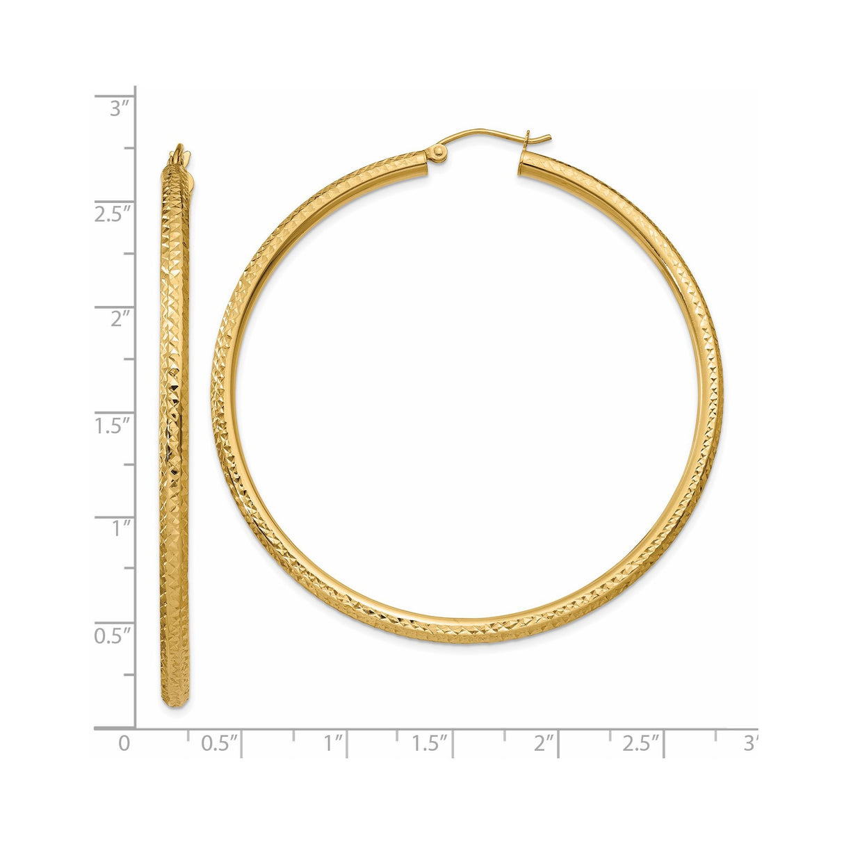 14k Yellow Gold Hoop Earrings, Diamond-Cut Textured Design with High Polish Finish