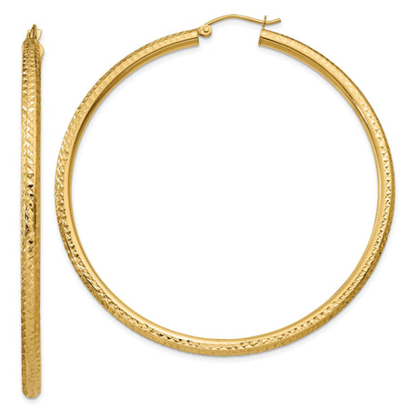 14k Yellow Gold Hoop Earrings, Diamond-Cut Textured Design with High Polish Finish