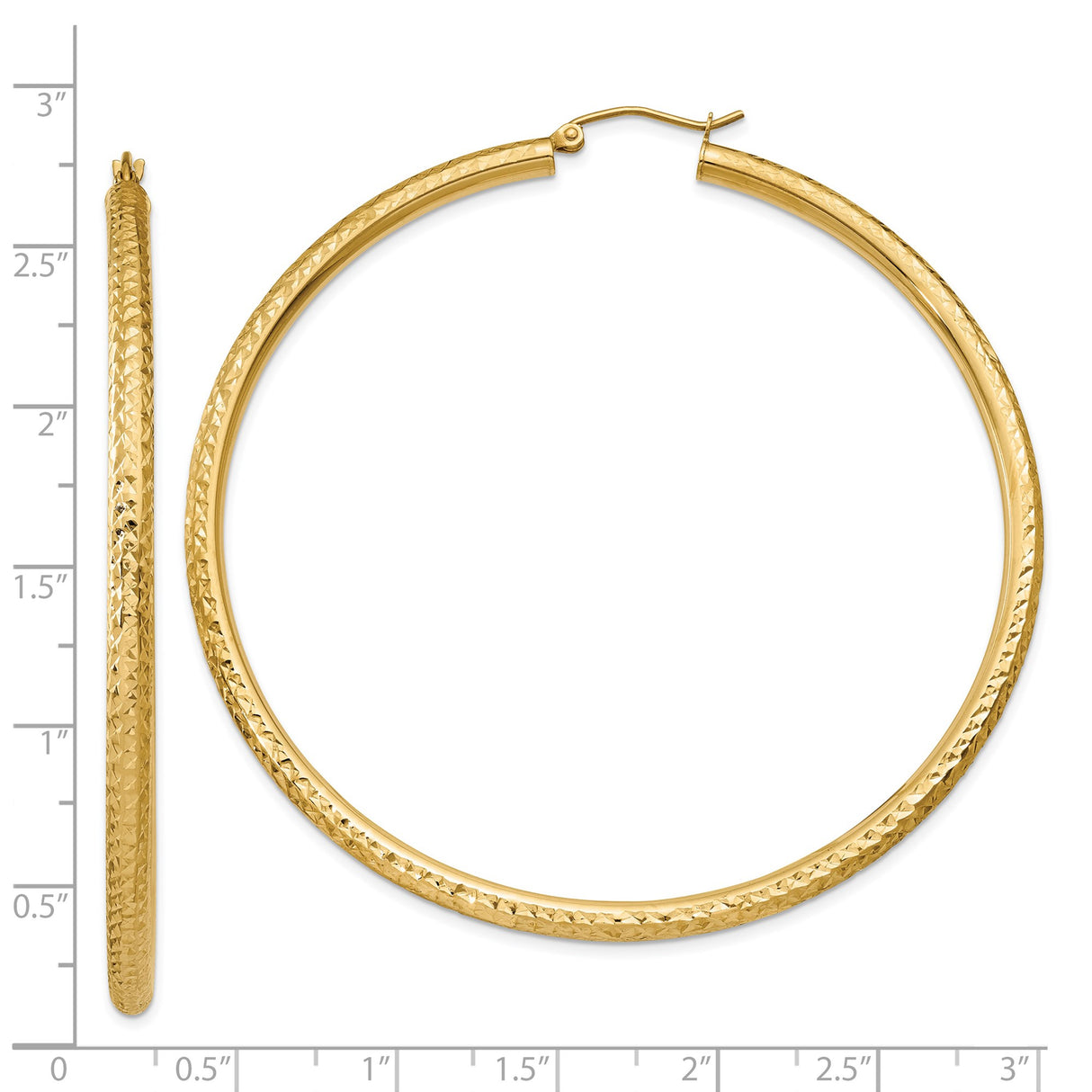 14k Yellow Gold Hoop Earrings, Diamond-Cut Textured, Large Lightweight Design for Women