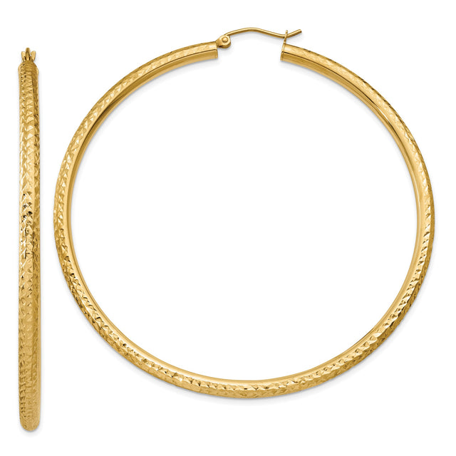 14k Yellow Gold Hoop Earrings, Diamond-Cut Textured, Large Lightweight Design for Women