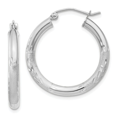 14k White Gold Hoop Earrings, Polished Textured Finish with Diamond Cut Detailing