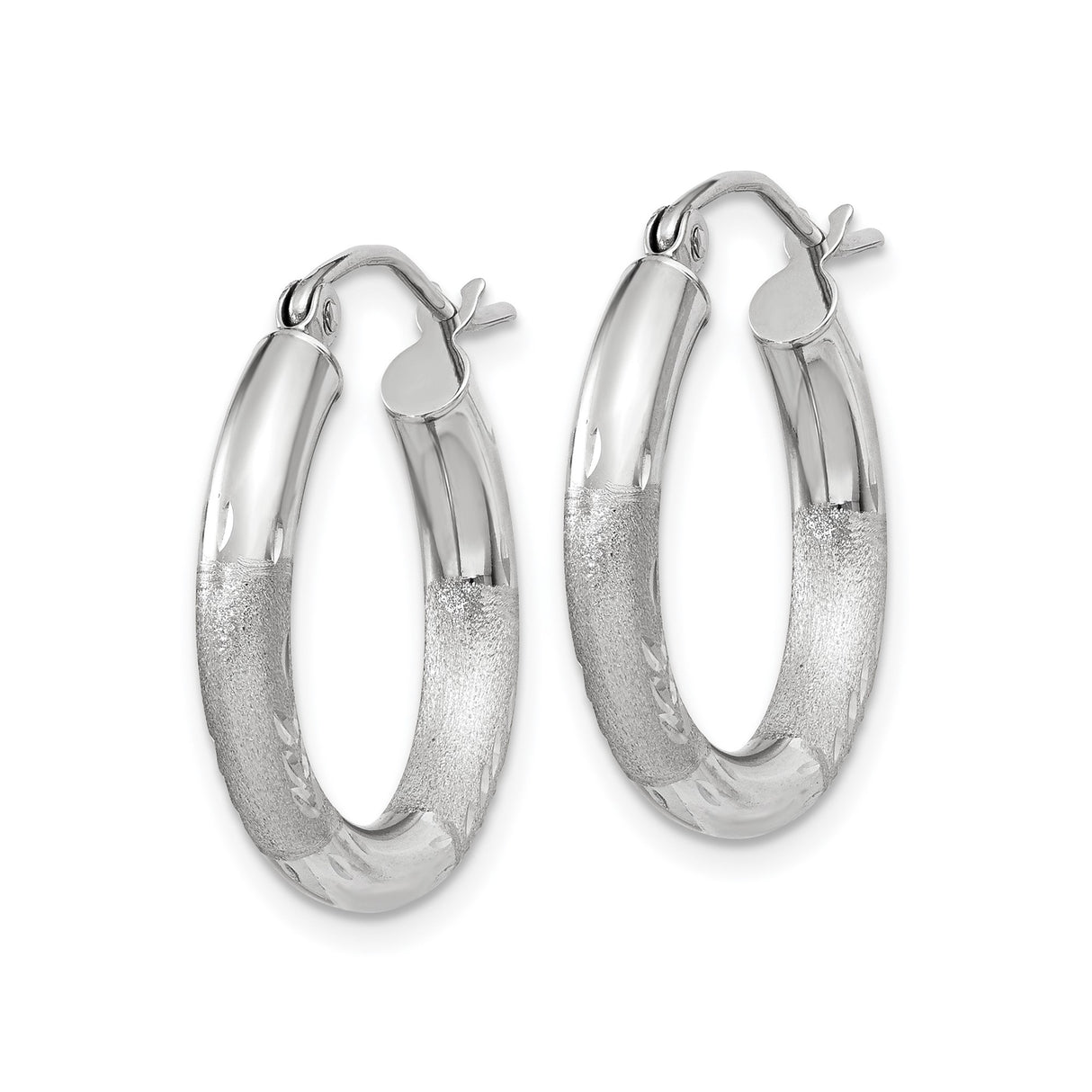 14k White Gold Hoop Earrings, Polished and Textured Leaf Design Hinged Hoops for Women