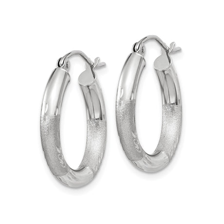 14k White Gold Hoop Earrings, Polished and Textured Leaf Design Hinged Hoops for Women