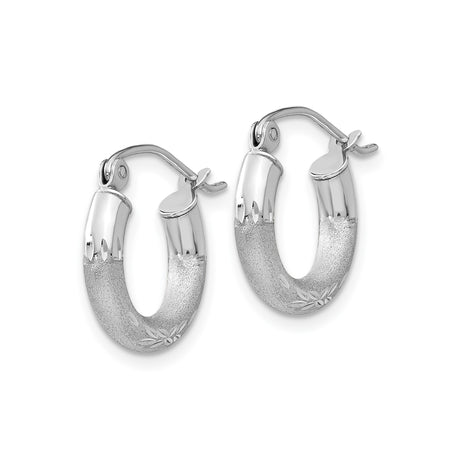 14k White Gold Hoop Earrings with Textured Satin Finish and Diamond Cut Leaf Design