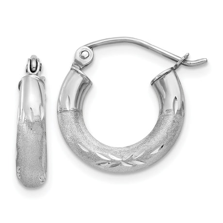 14k White Gold Hoop Earrings with Textured Satin Finish and Diamond Cut Leaf Design