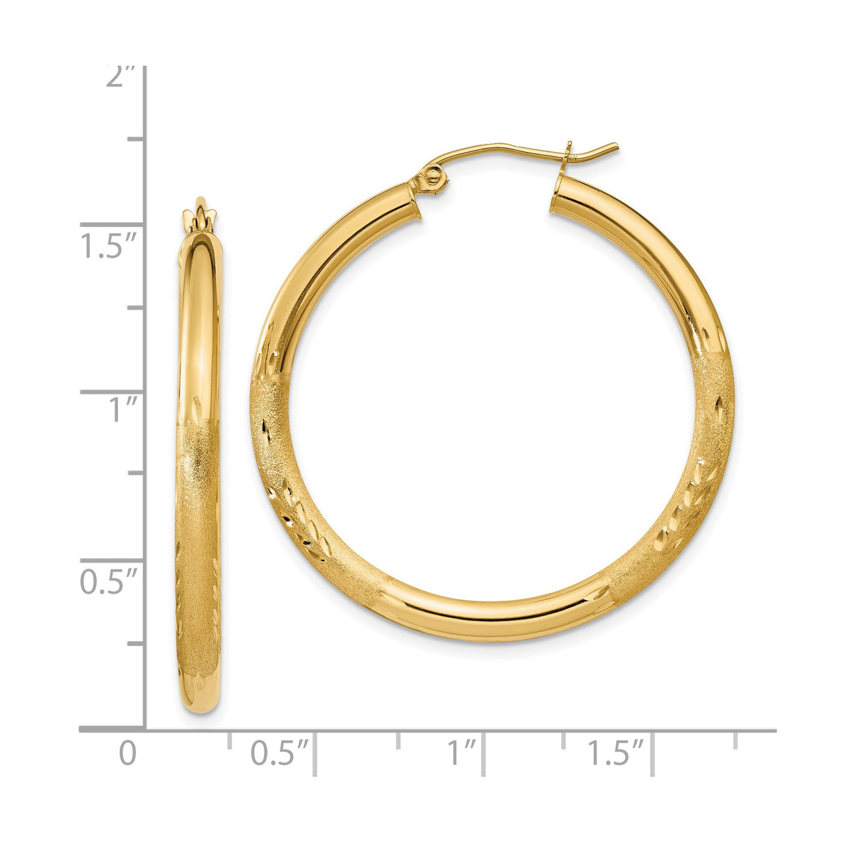 14k Yellow Gold Hoop Earrings with Textured Polished Finish and Diamond Cut Detailing