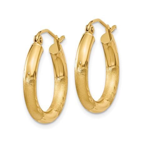 14k Yellow Gold Hoop Earrings, Satin and Polished Finish, Etched Leaf Design, Lightweight Classic Style