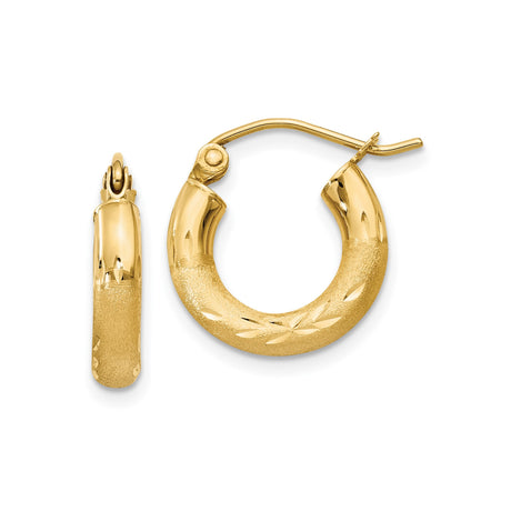 14k Yellow Gold Hoop Earrings, Textured Finish with Diamond Cut Leaf Pattern