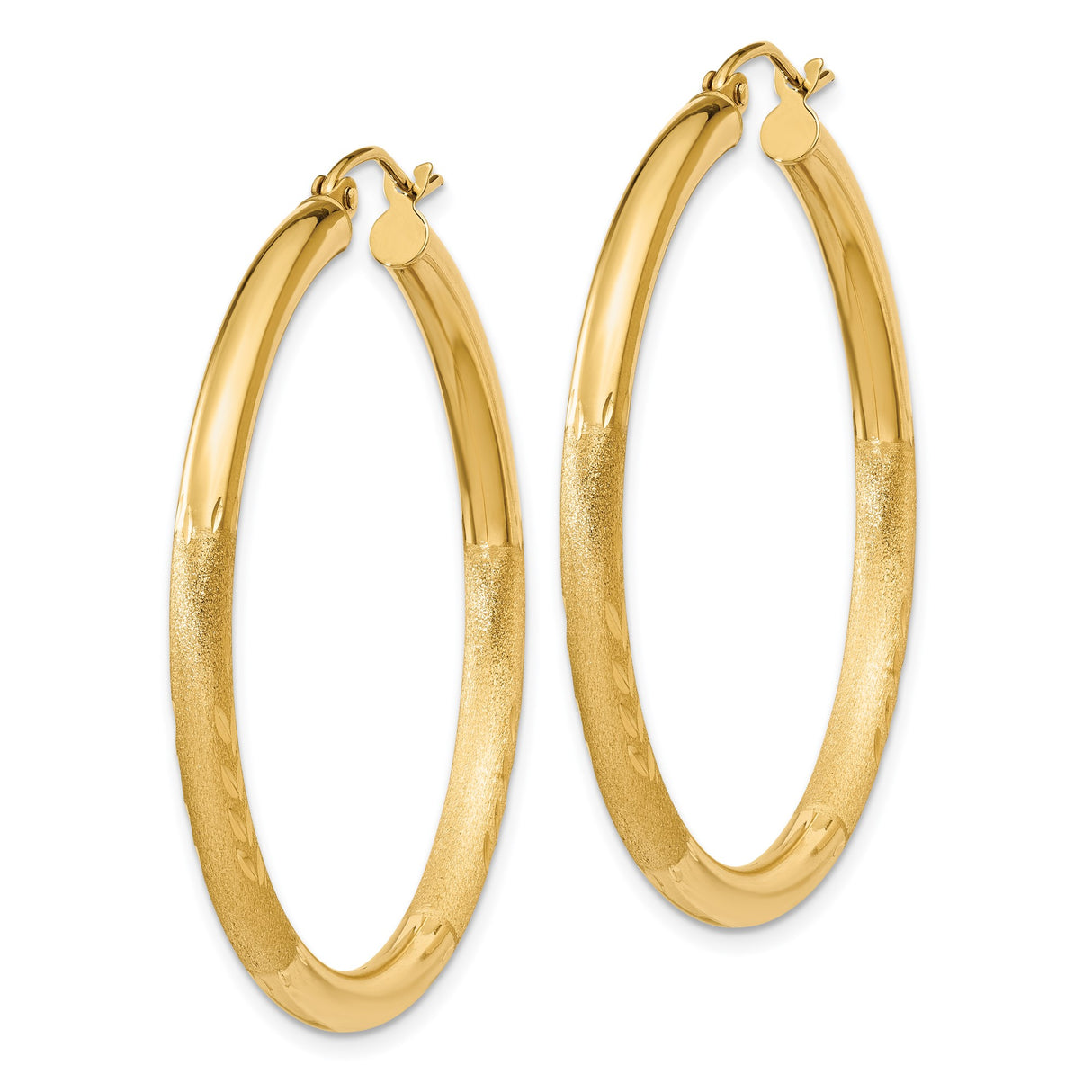 14k Yellow Gold Hoop Earrings with Polished Textured Leaf Detail, Lightweight Statement Hoops