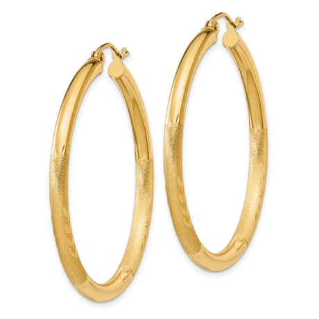 14k Yellow Gold Hoop Earrings with Polished Textured Leaf Detail, Lightweight Statement Hoops