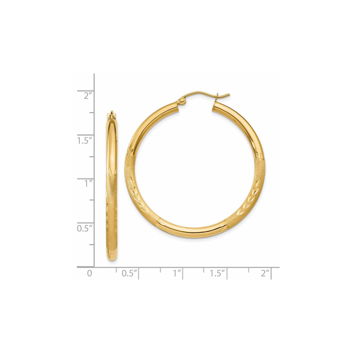 14k Yellow Gold Hoop Earrings with Polished Textured Leaf Detail, Lightweight Statement Hoops