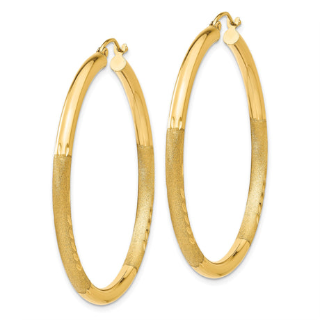 14k Yellow Gold Hoop Earrings, Polished and Textured Leaf Motif, Nature-Inspired Design for Women