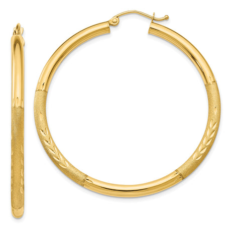 14k Yellow Gold Hoop Earrings, Polished and Textured Leaf Motif, Nature-Inspired Design for Women