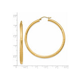14k Yellow Gold Hoop Earrings, Large Round Polished and Textured Leaf Pattern Design