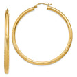 14k Yellow Gold Hoop Earrings, Large Round Polished and Textured Leaf Pattern Design