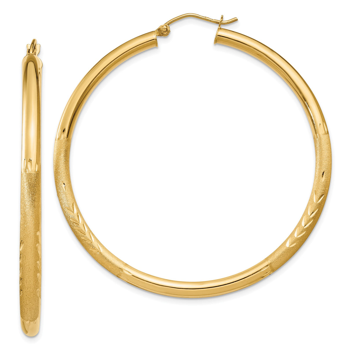 14k Yellow Gold Hoop Earrings, Large Round Polished and Textured Leaf Pattern Design