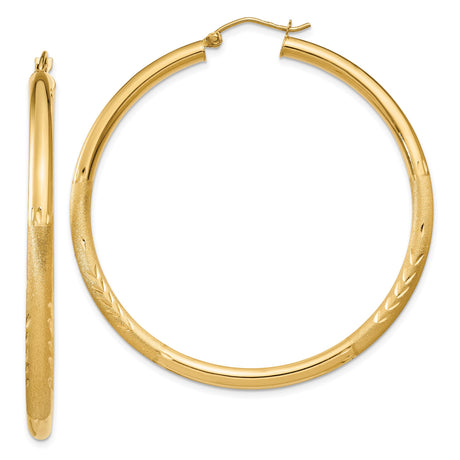 14k Yellow Gold Hoop Earrings, Large Round Polished and Textured Leaf Pattern Design