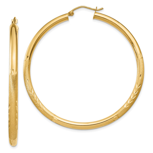 14k Yellow Gold Hoop Earrings, Large Round Polished and Textured Leaf Pattern Design